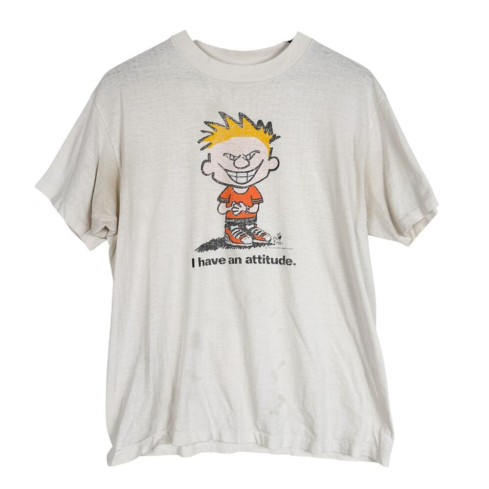 Vintage 90s Calvin and Hobbes I Have An Attitude T-Shirt White USA - L